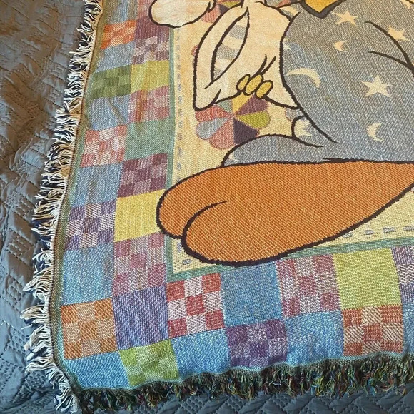 VTG 90s Baby Toddler Looney Tunes Cotton Blanket Sylvester Tweety Bird Blue Cozy - Picture 8 of 11